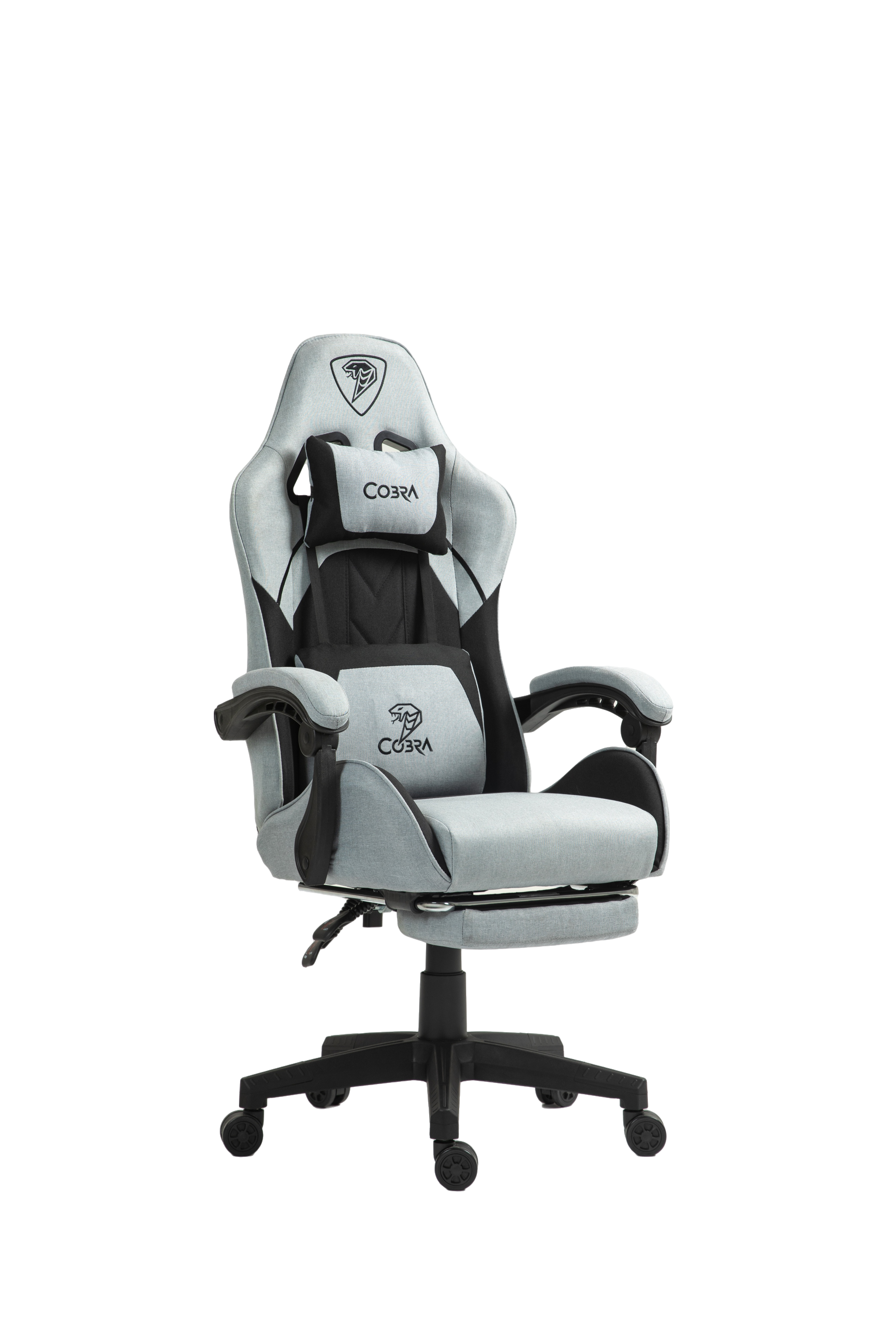 Szare krzesło gamingowe z czarną podstawą i kółkami.