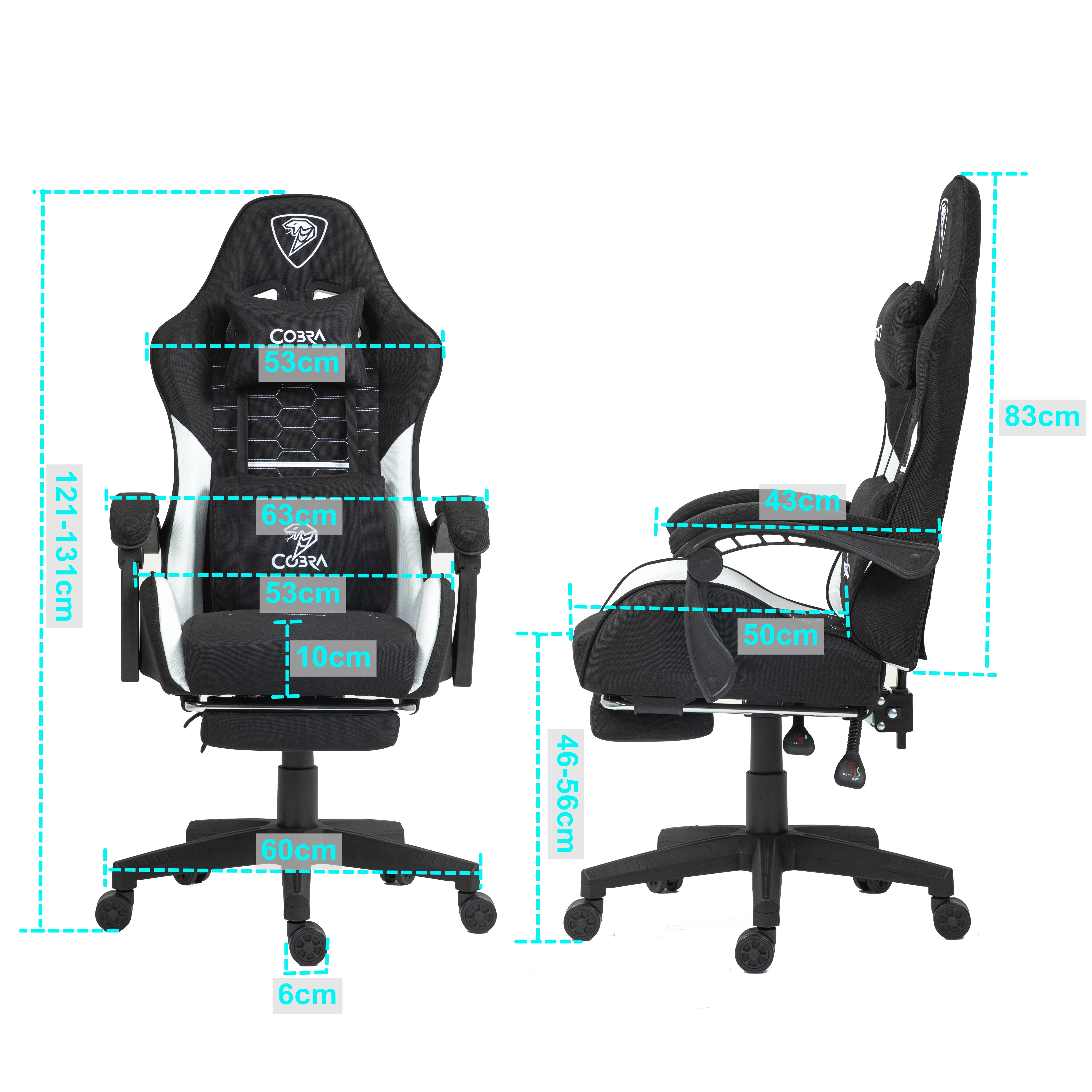 Czarno-biały fotel gamingowy z wymiarami. Pokazuje widok z przodu i z boku.