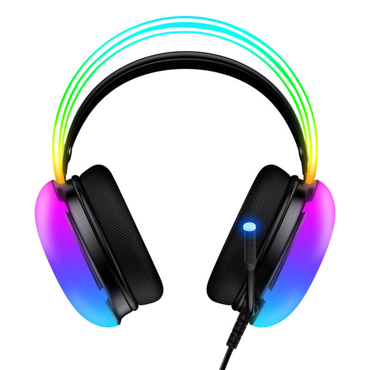 Cuffie nere con illuminazione RGB e microfono su sfondo bianco.