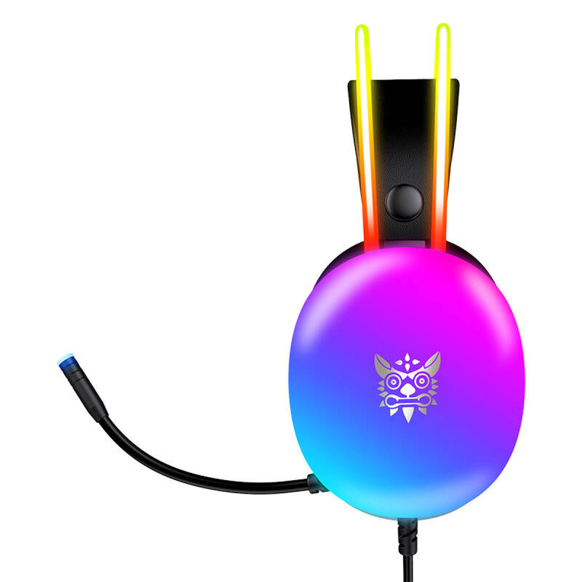 Cuffie da gaming con illuminazione RGB e microfono, sfondo bianco.