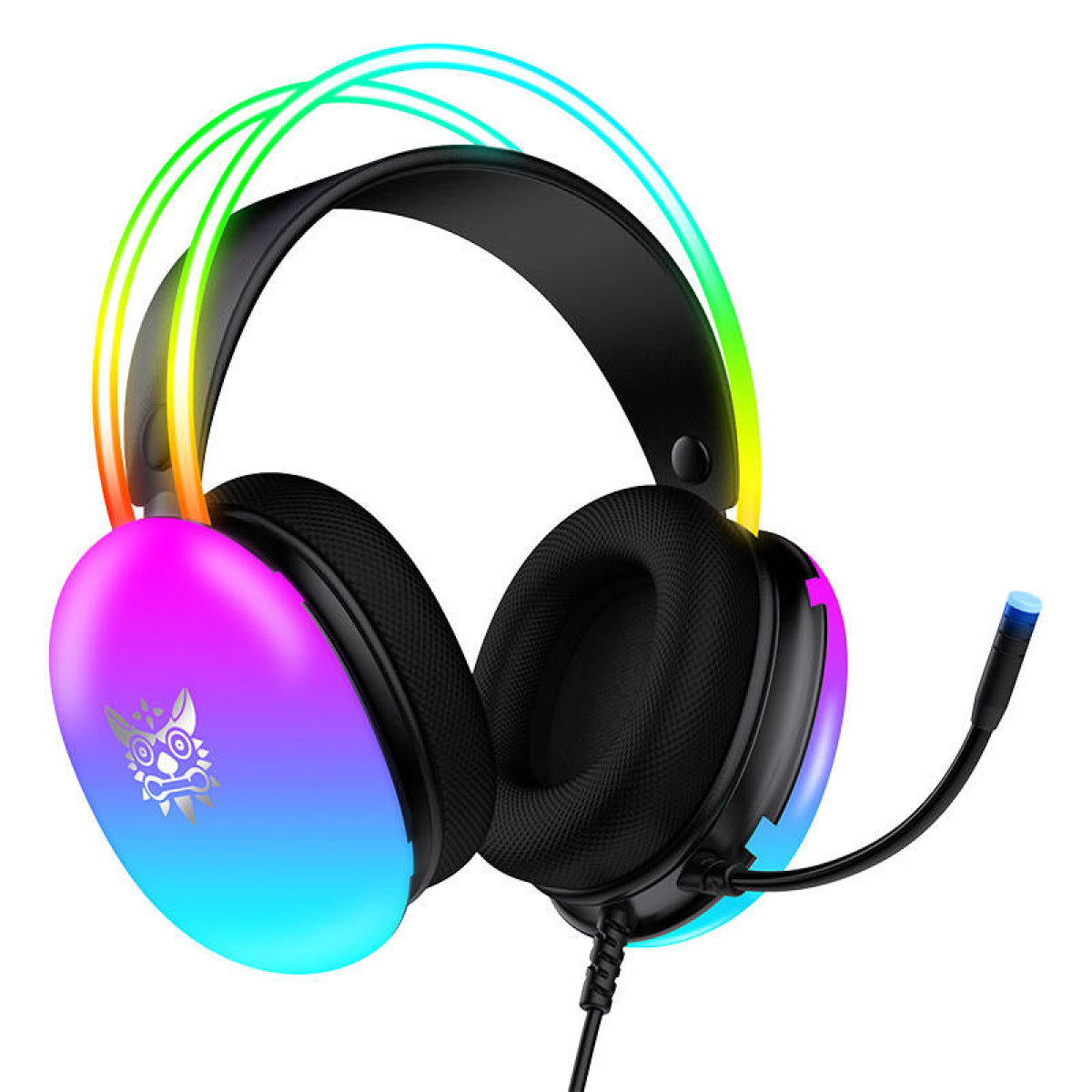 Cuffie da gaming nere con luci RGB colorate e microfono.