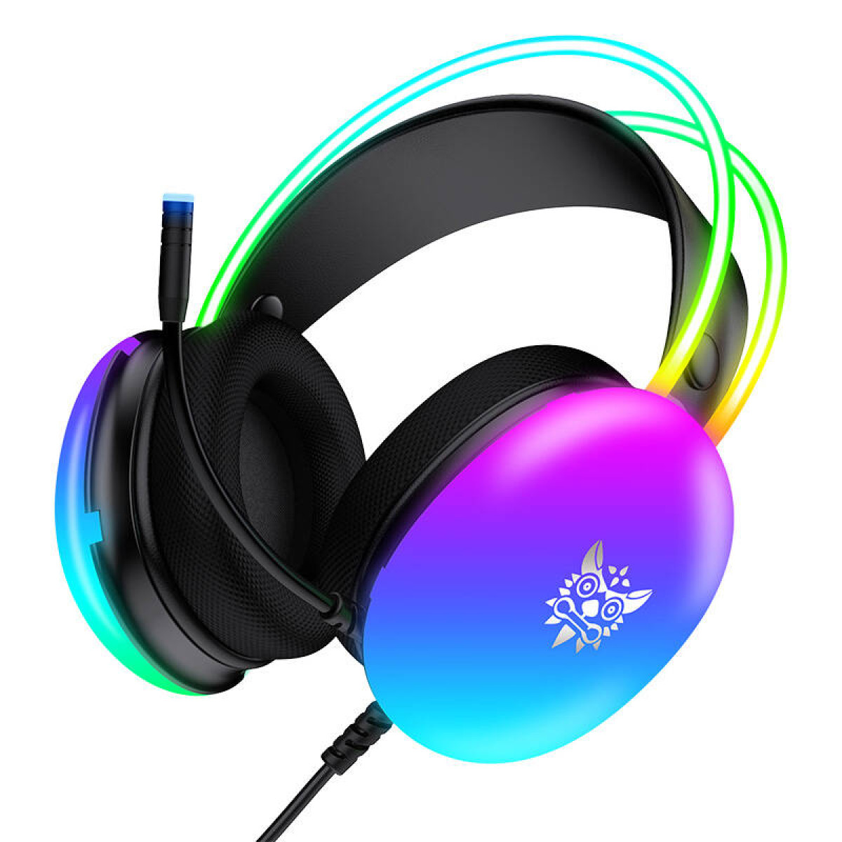 Cuffie da gaming nere con illuminazione RGB e microfono.