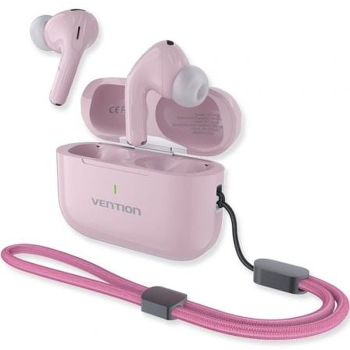 Auricolari wireless rosa con custodia di ricarica e laccetto.