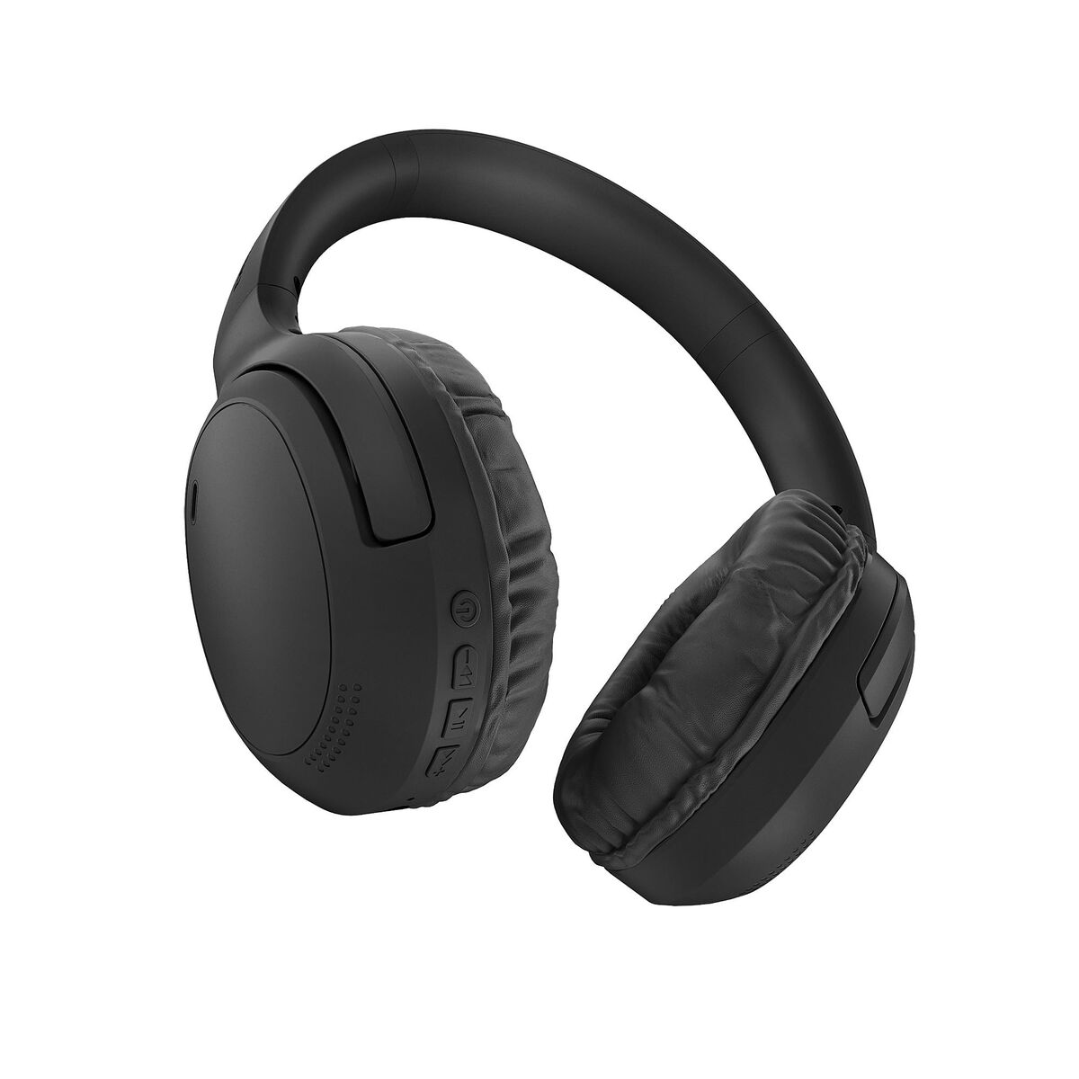 Cuffie nere over-ear con padiglioni imbottiti e pulsanti di controllo.