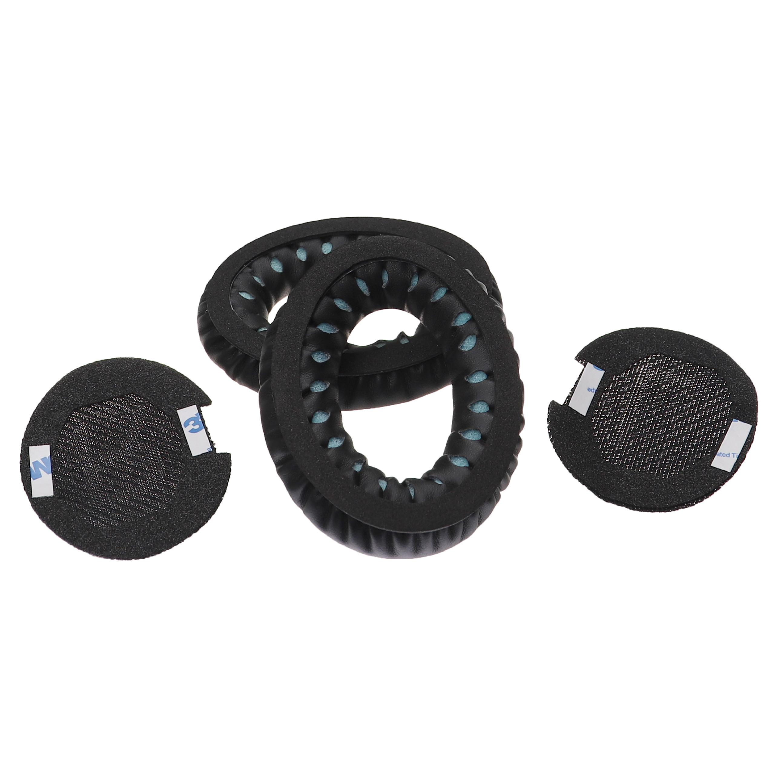 Drei schwarze Kopfhörer-Ohrpolster mit blauen Akzenten und Klebestreifen.