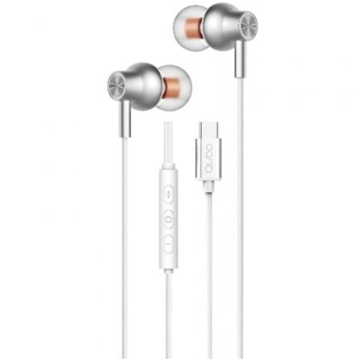 Auricolari argentati con cavi bianchi e connettore USB-C.