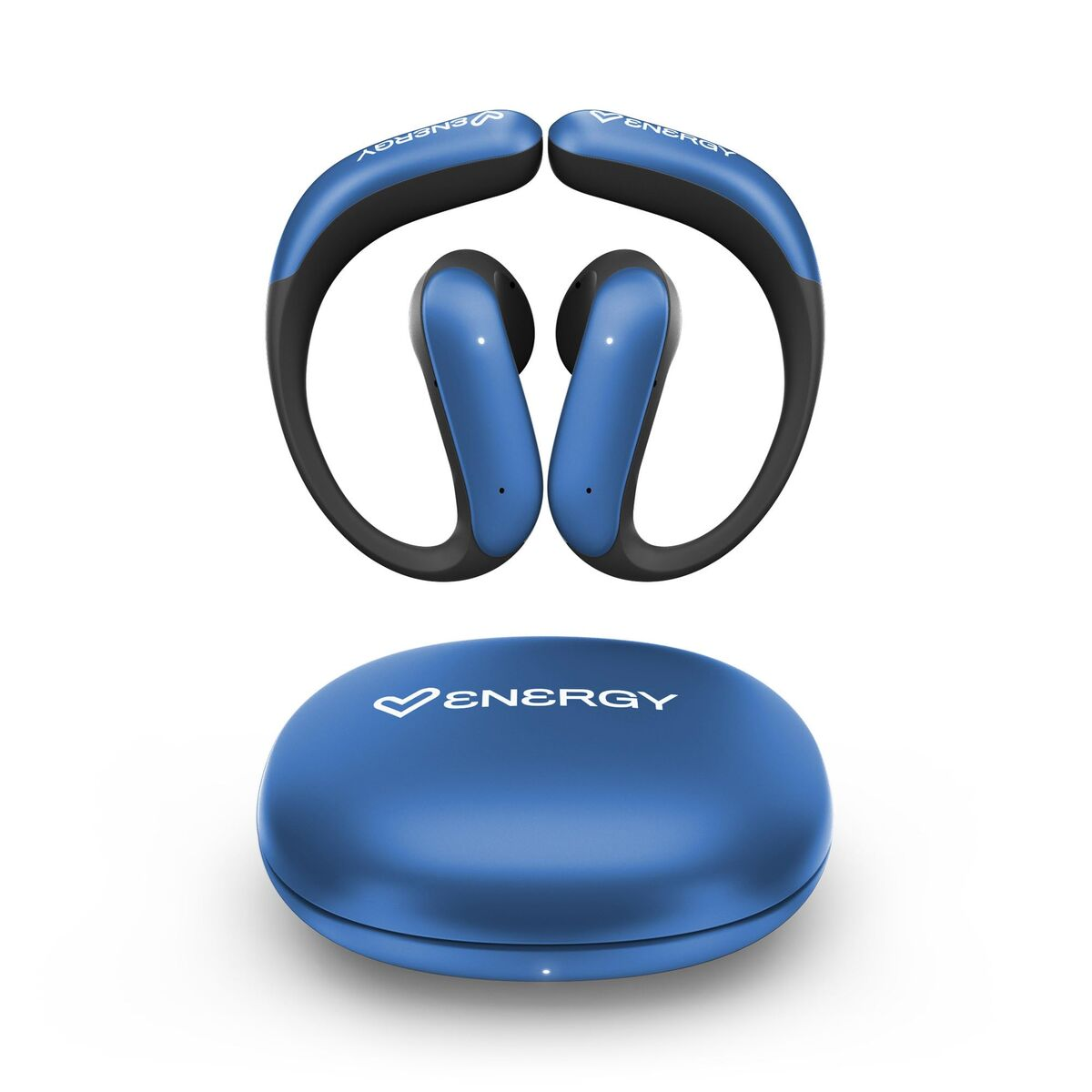 Blaue Kopfhörer mit Ladebox. Das ENERGY-Logo ist auf beiden abgebildet.