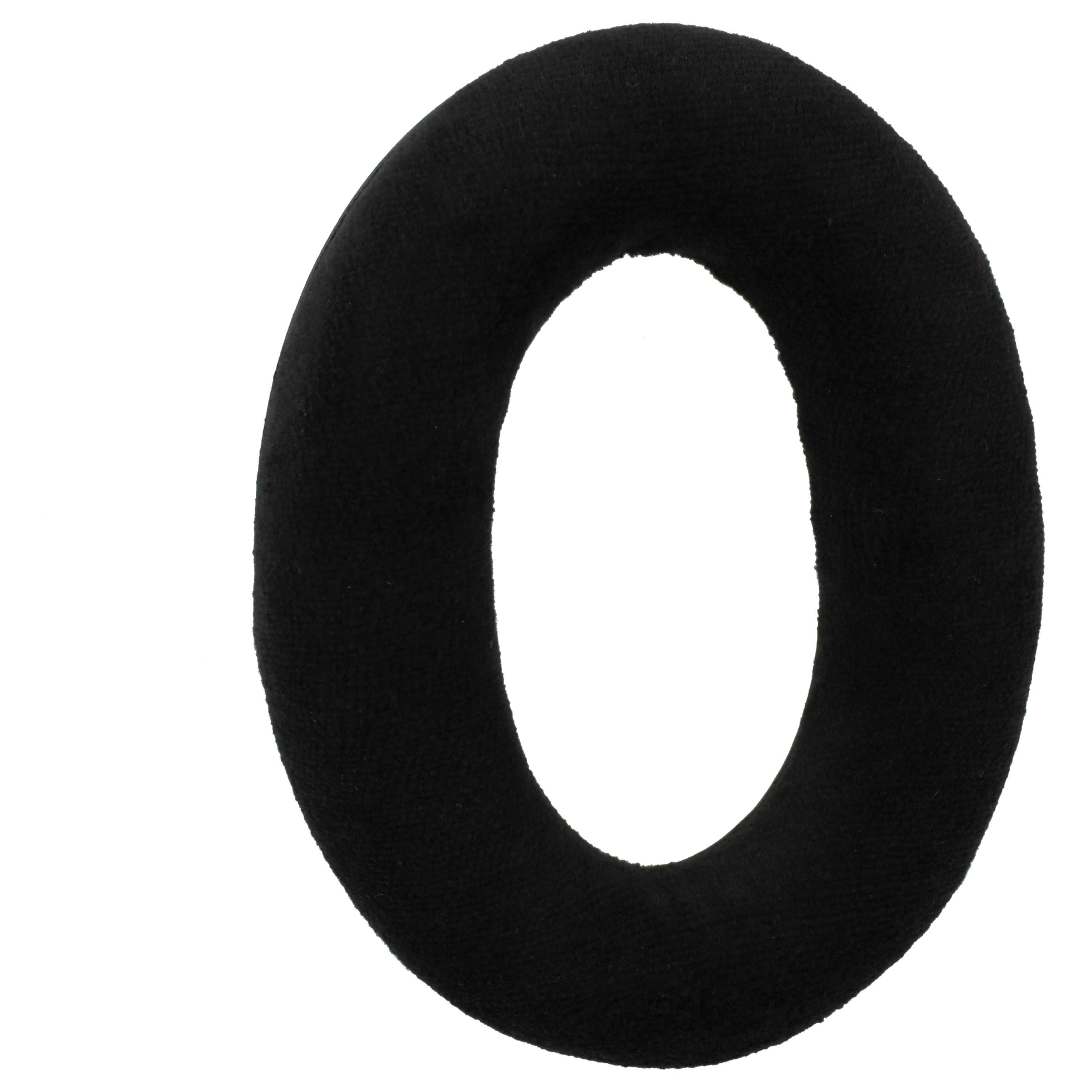 Ein schwarzes, rundes Ohrpolster mit Stoffoberfläche.