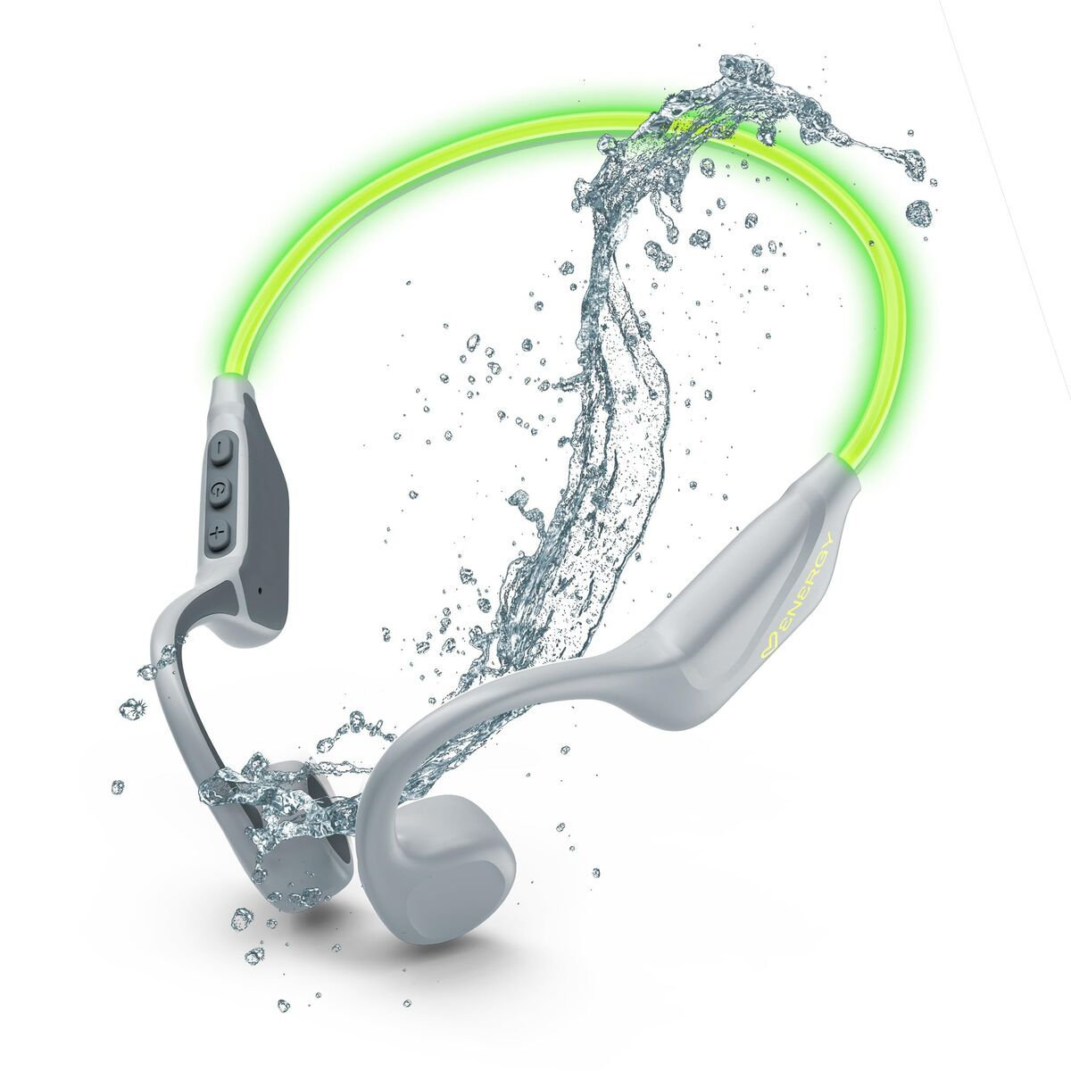 Cuffie grigie con fascia luminosa verde e schizzi d'acqua.