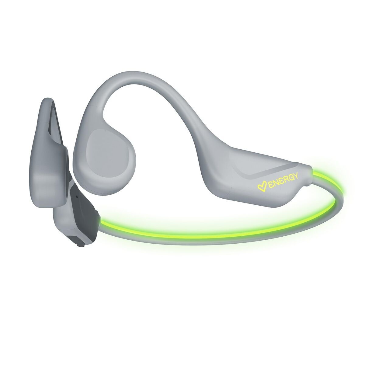 Cuffie da collo grigie con accenti verdi luminosi e logo.