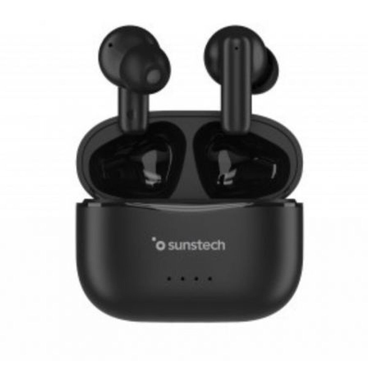 Auricolari wireless neri con custodia di ricarica e logo Sunstech.