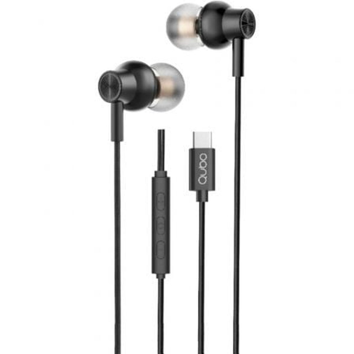 Cuffie intrauricolari nere con connettore USB-C e telecomando in linea.