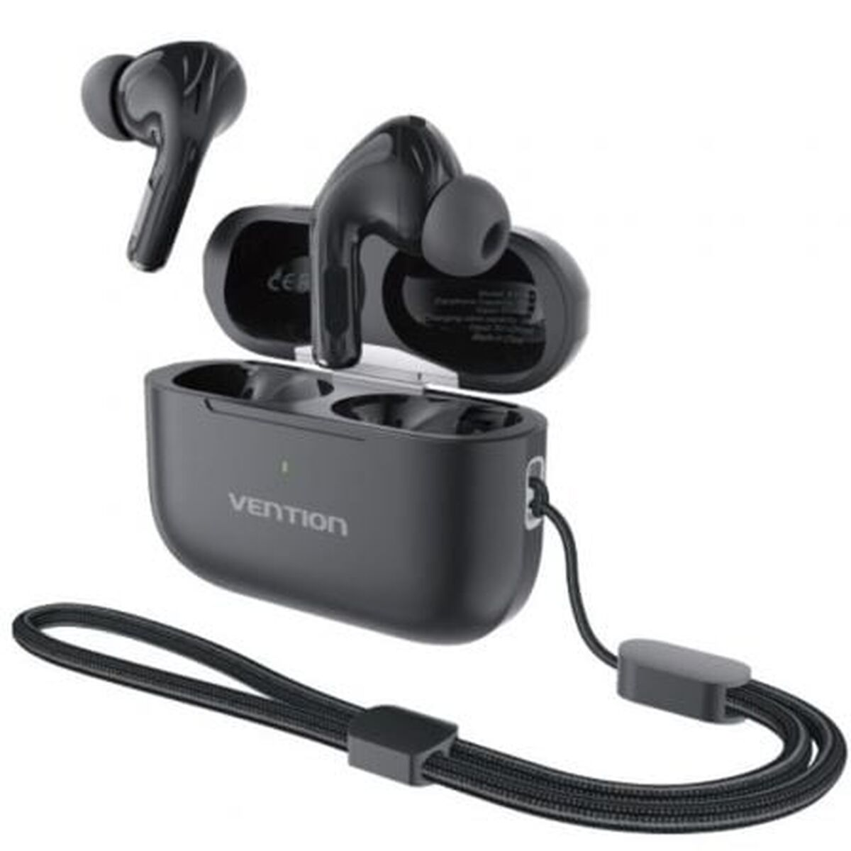 Auricolari wireless neri con custodia di ricarica e laccetto.