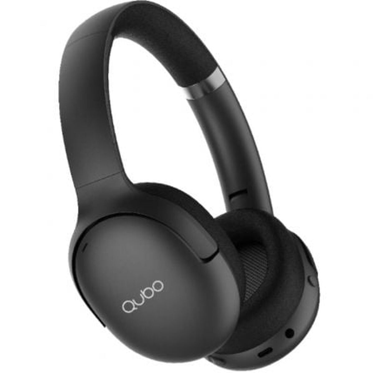 Cuffie nere over-ear con archetto e padiglioni imbottiti. È visibile il marchio 'qubo'.