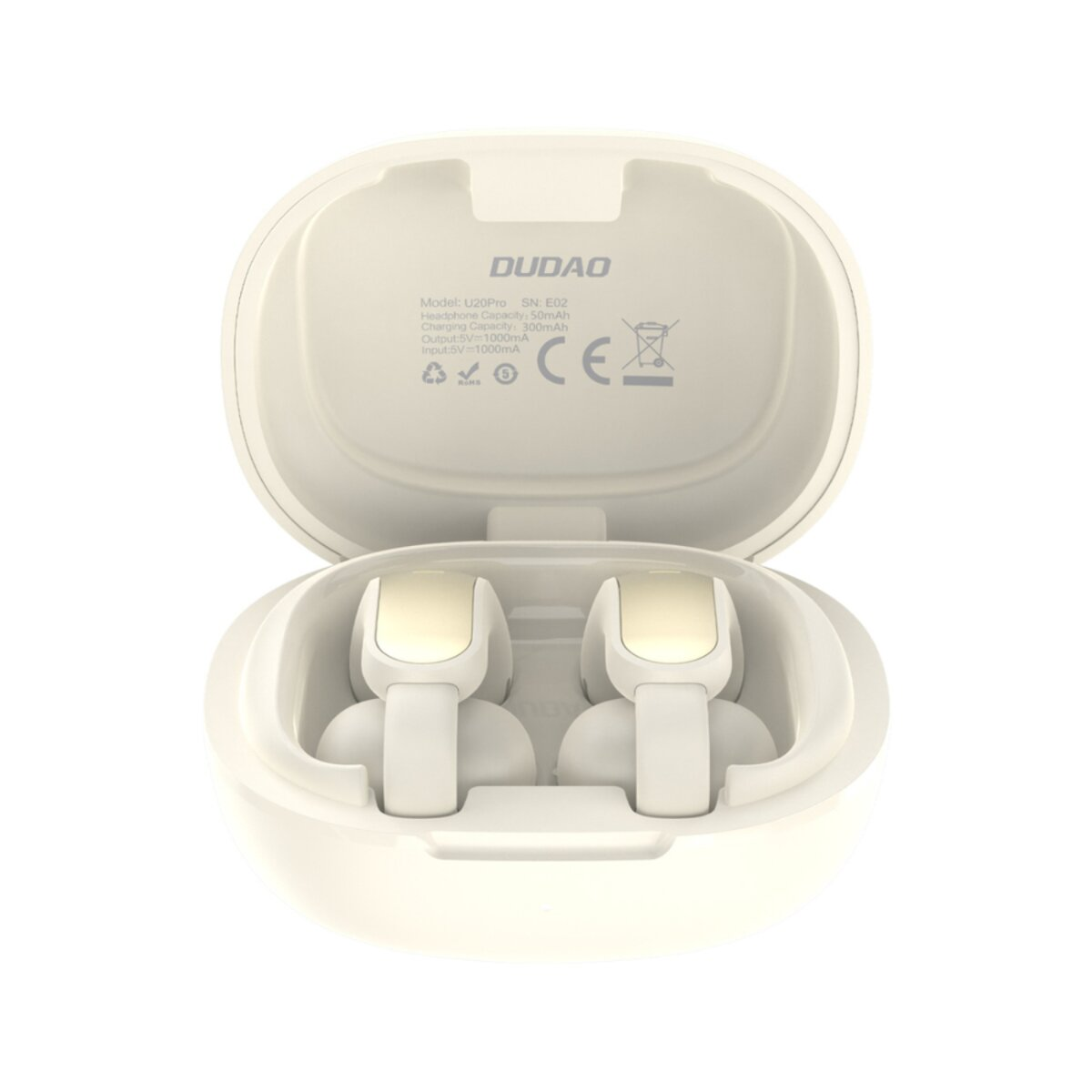 Auricolari bianchi wireless in un case di ricarica aperto. Marca: DUDAO.