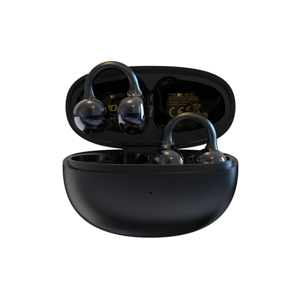 Auricolari wireless neri dentro una custodia di ricarica aperta. Gli auricolari sono visibili.