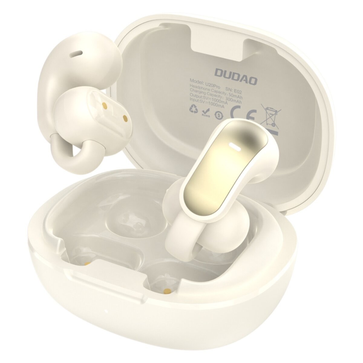 Auricolari wireless bianchi con custodia di ricarica, accenti dorati.