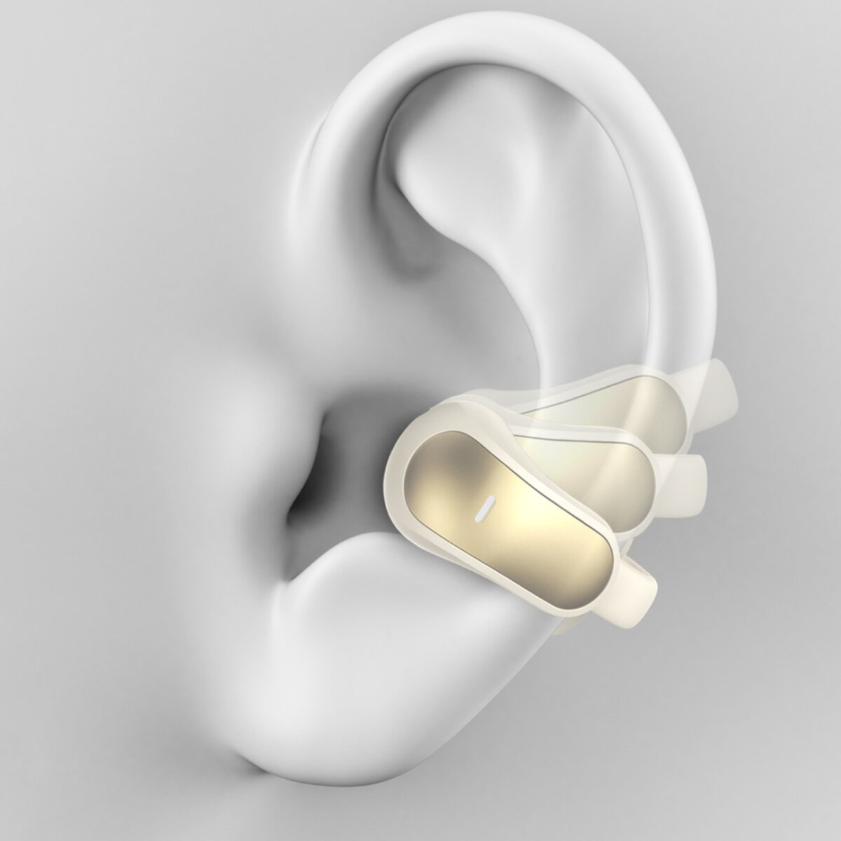 Auricolari bianchi con accenti dorati in un orecchio stilizzato.