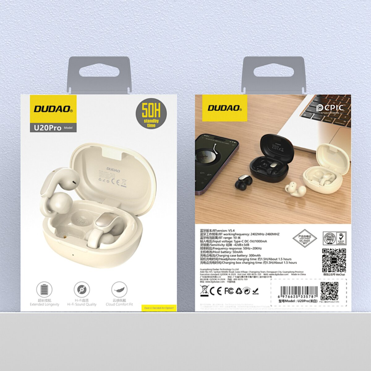 Confezione di auricolari wireless DUDAO U20Pro, beige e nero, con laptop e telefono.