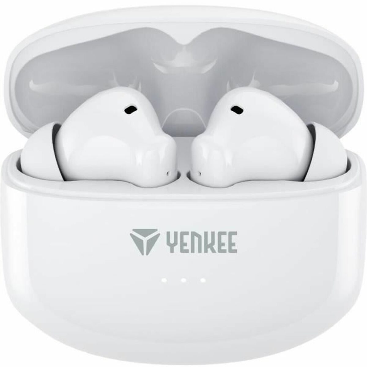 Weiße True Wireless-Ohrhörer in offenem Ladecase mit Logo.