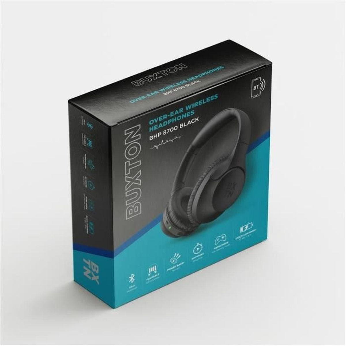 Verpackung von schwarzen Over-Ear-Kopfhörern mit Buxton-Logo und Produktmerkmalen.