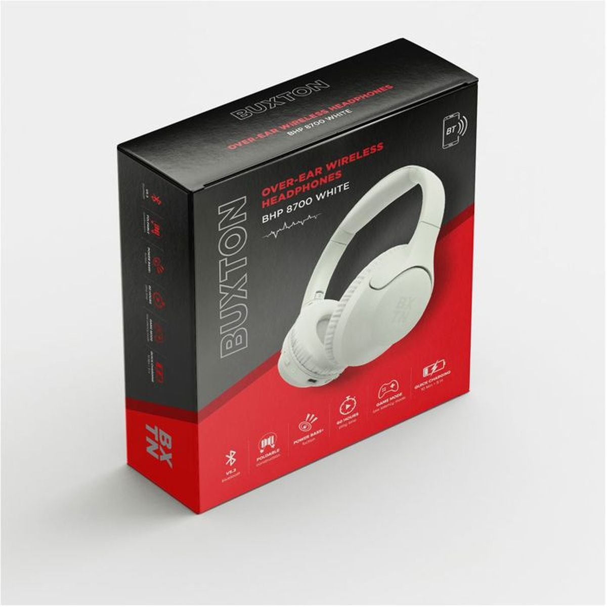 Weiße Buxton Over-Ear Kopfhörer auf schwarzer und roter Verpackung mit Produktinfos.