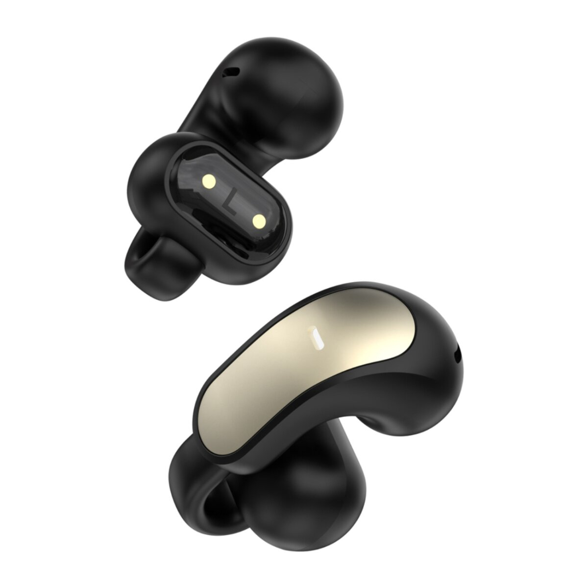 Due auricolari wireless neri con accenti dorati su sfondo bianco.