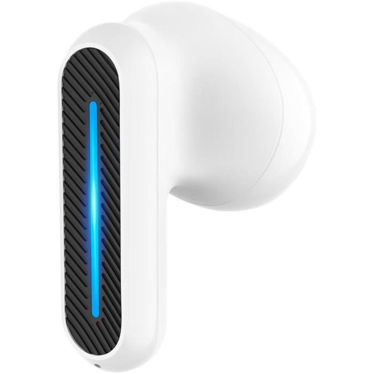 Ein weißer kabelloser Ohrhörer mit einer blauen LED-Leiste und schwarzem Gitter.