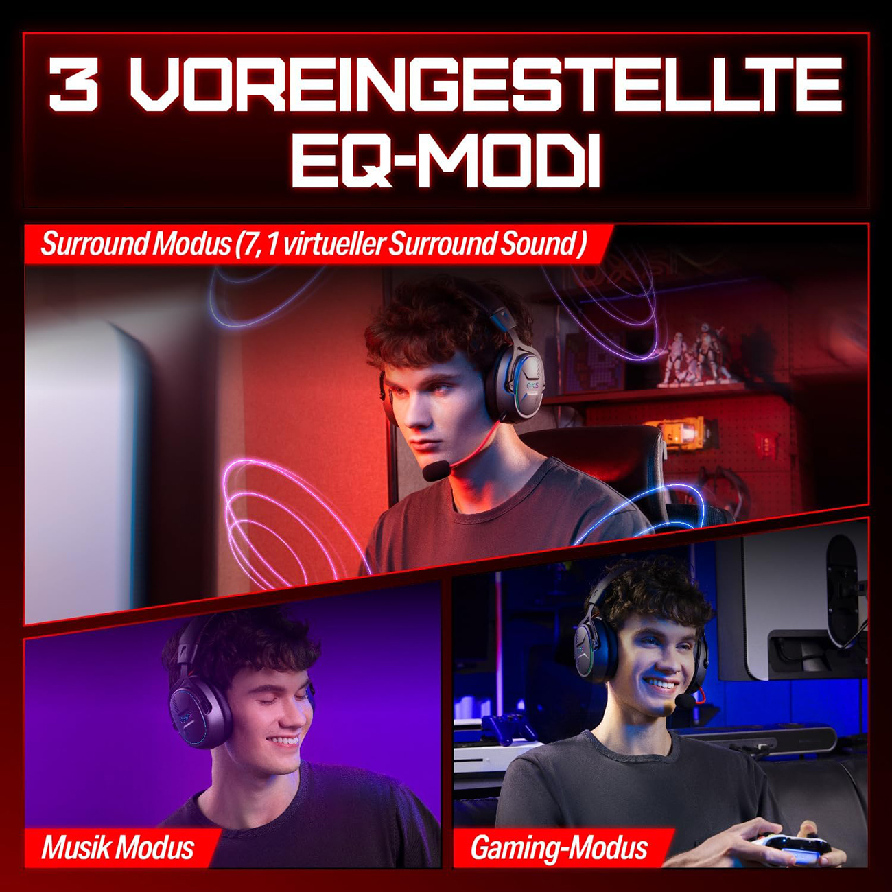 Drei EQ-Modi: Surround, Musik und Gaming. Junge Männer tragen Kopfhörer.