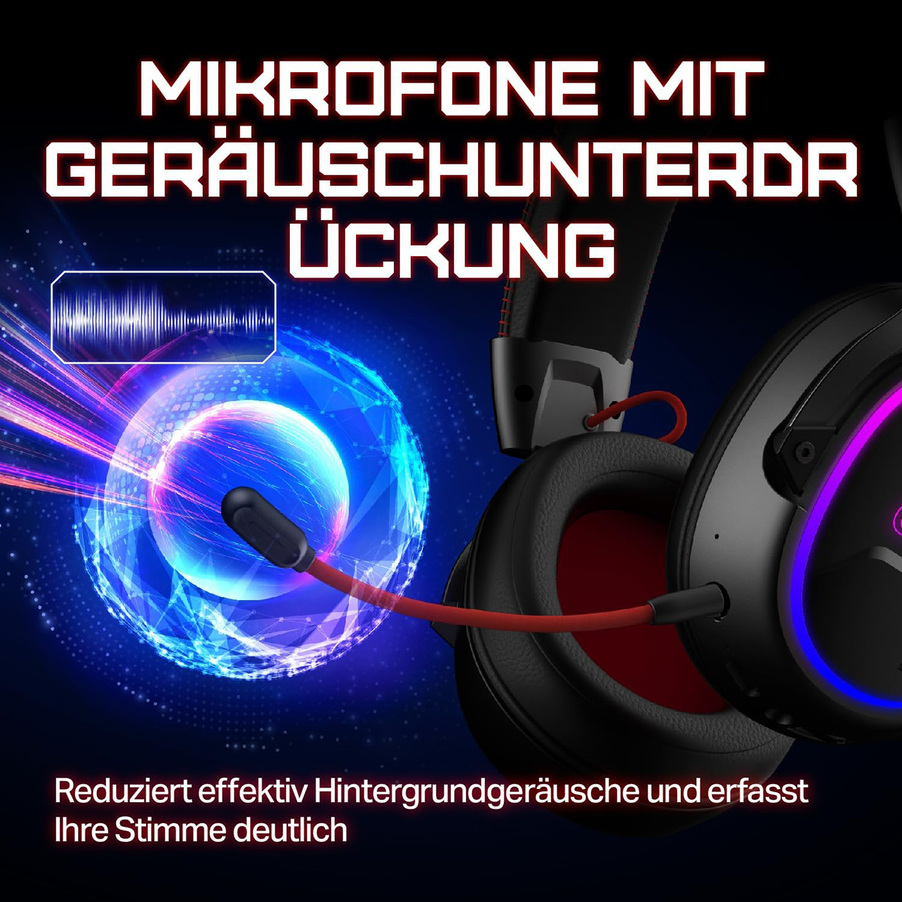 Kopfhörer mit Mikrofon und Geräuschunterdrückung, leuchtende Grafik