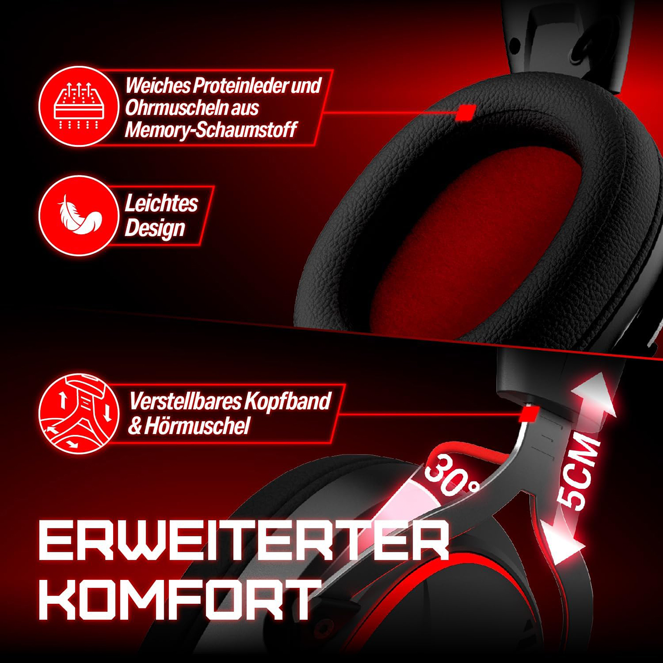 Kopfhörer mit weichem Leder, Memory-Schaum, verstellbarem Bügel. Erweitert Komfort.