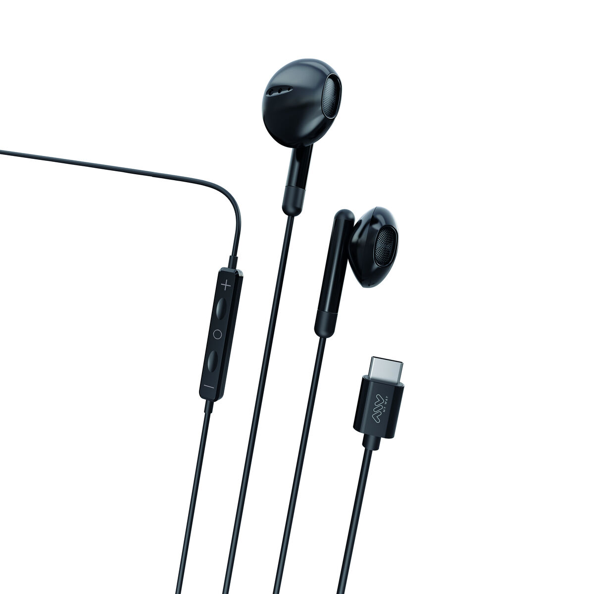Auricolari in-ear neri con connettore USB-C e telecomando in linea.