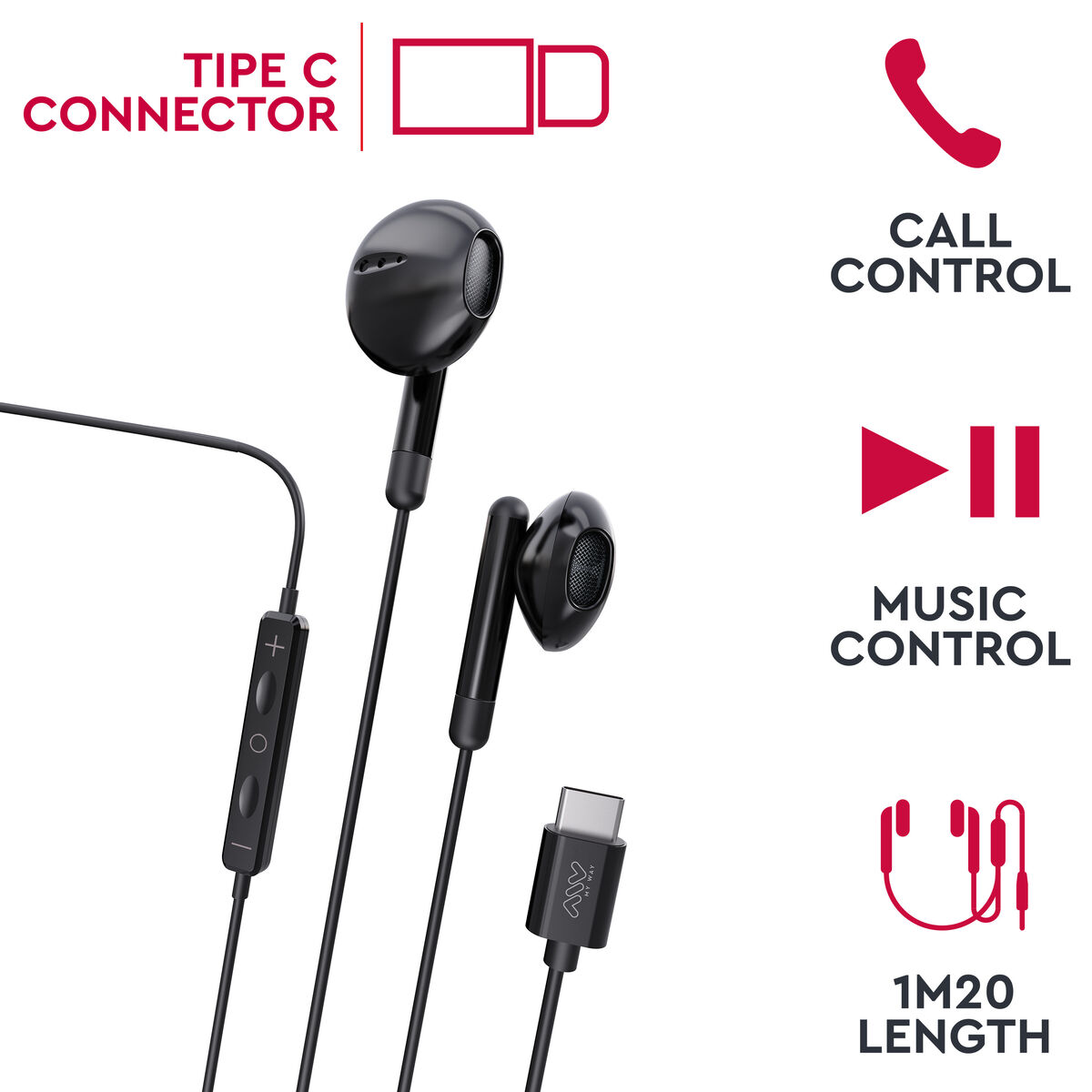 Auricolari neri con connettore USB-C, controlli in linea e icone chiamate/musica.