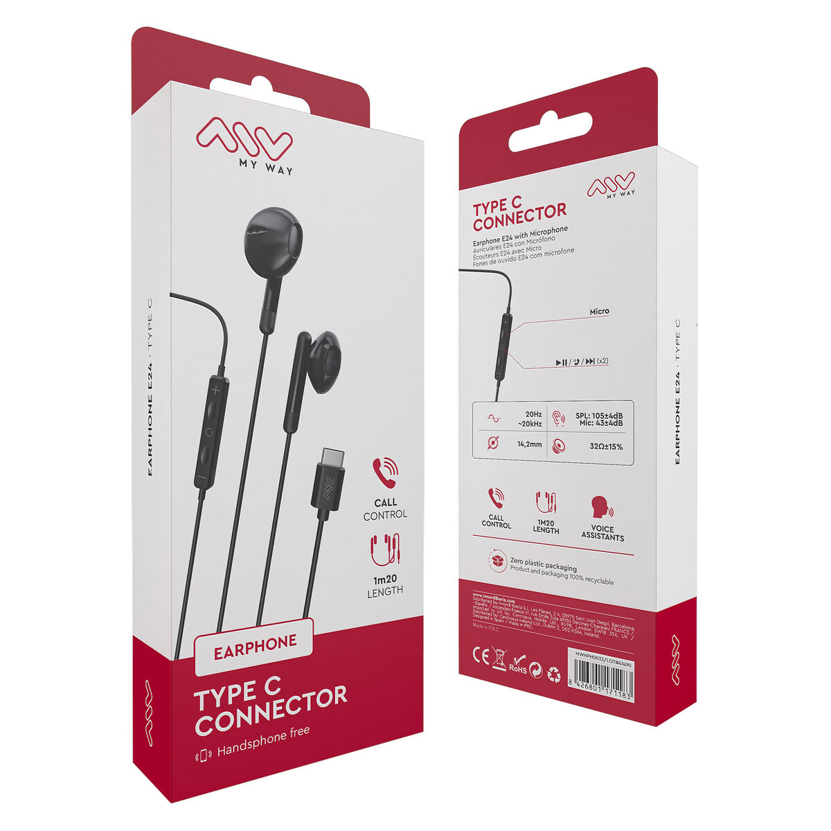Confezione per auricolari MY WAY E24 Type-C con microfono, bianchi con accenti rossi.