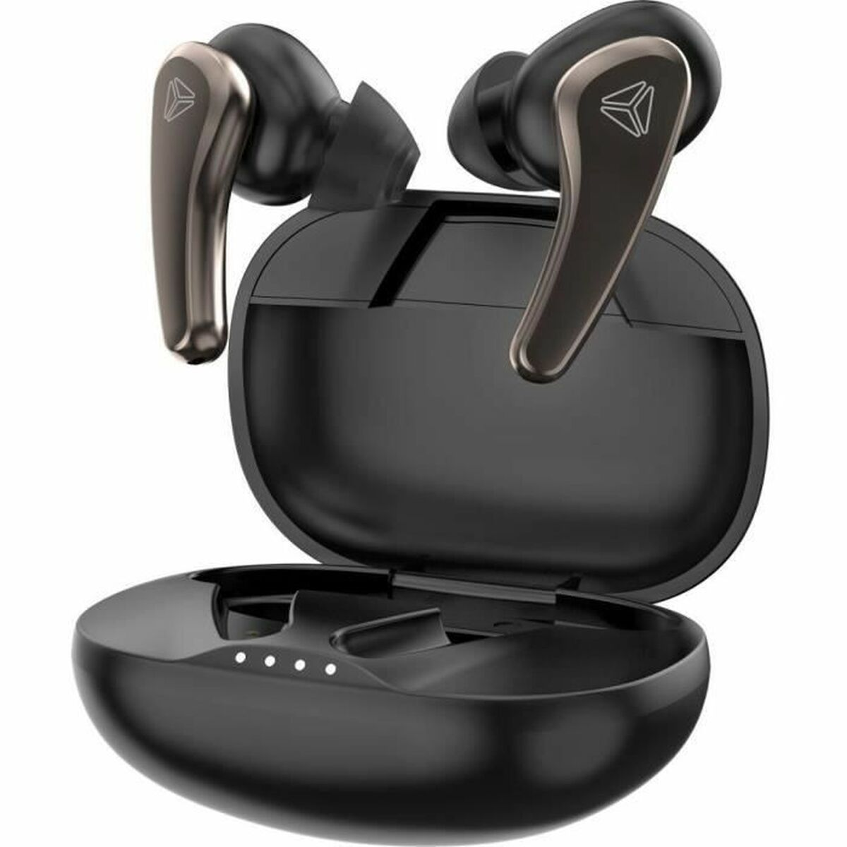 Custodia di ricarica wireless nera con due auricolari neri inseriti in alto.