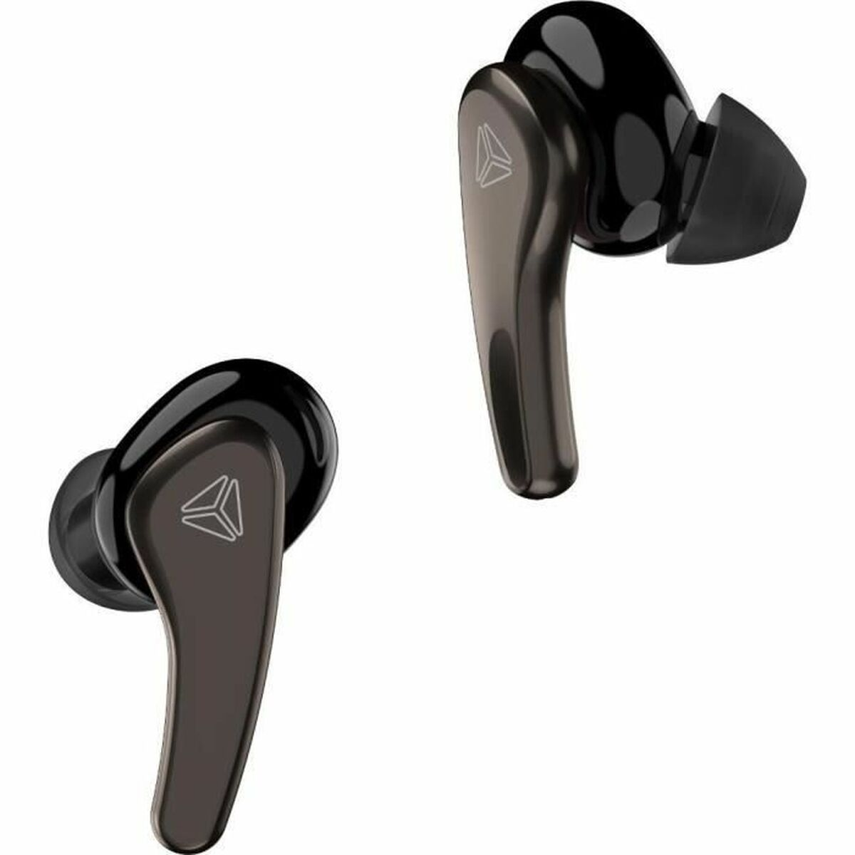 Due auricolari wireless nero metallico con logo argentato su sfondo bianco.