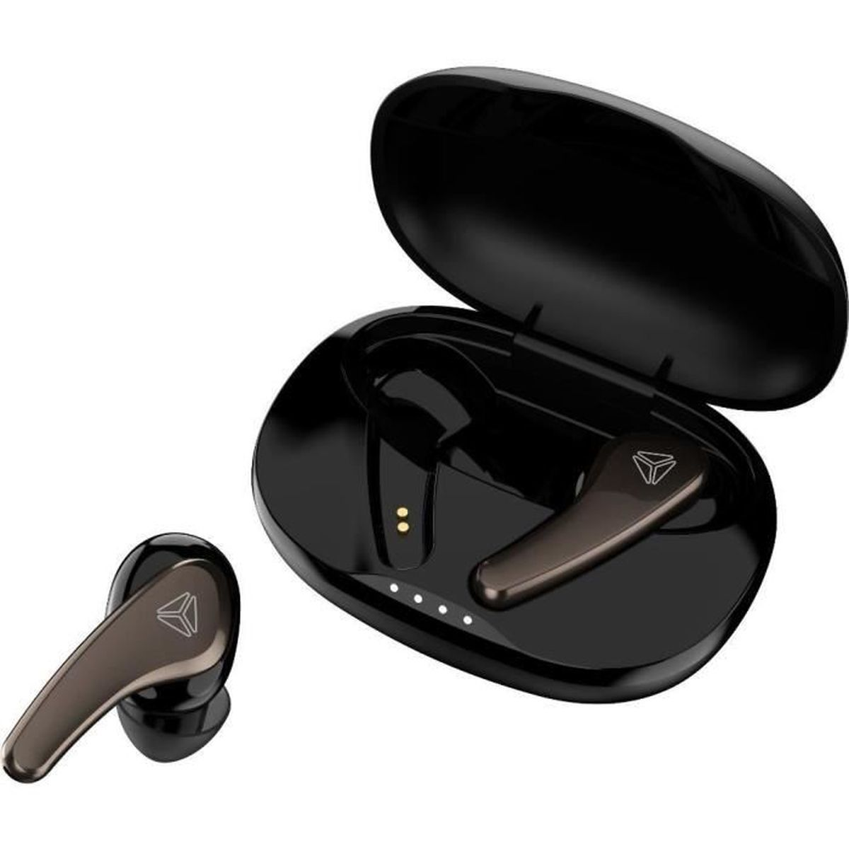Custodia di ricarica nera con coperchio aperto e due auricolari wireless.