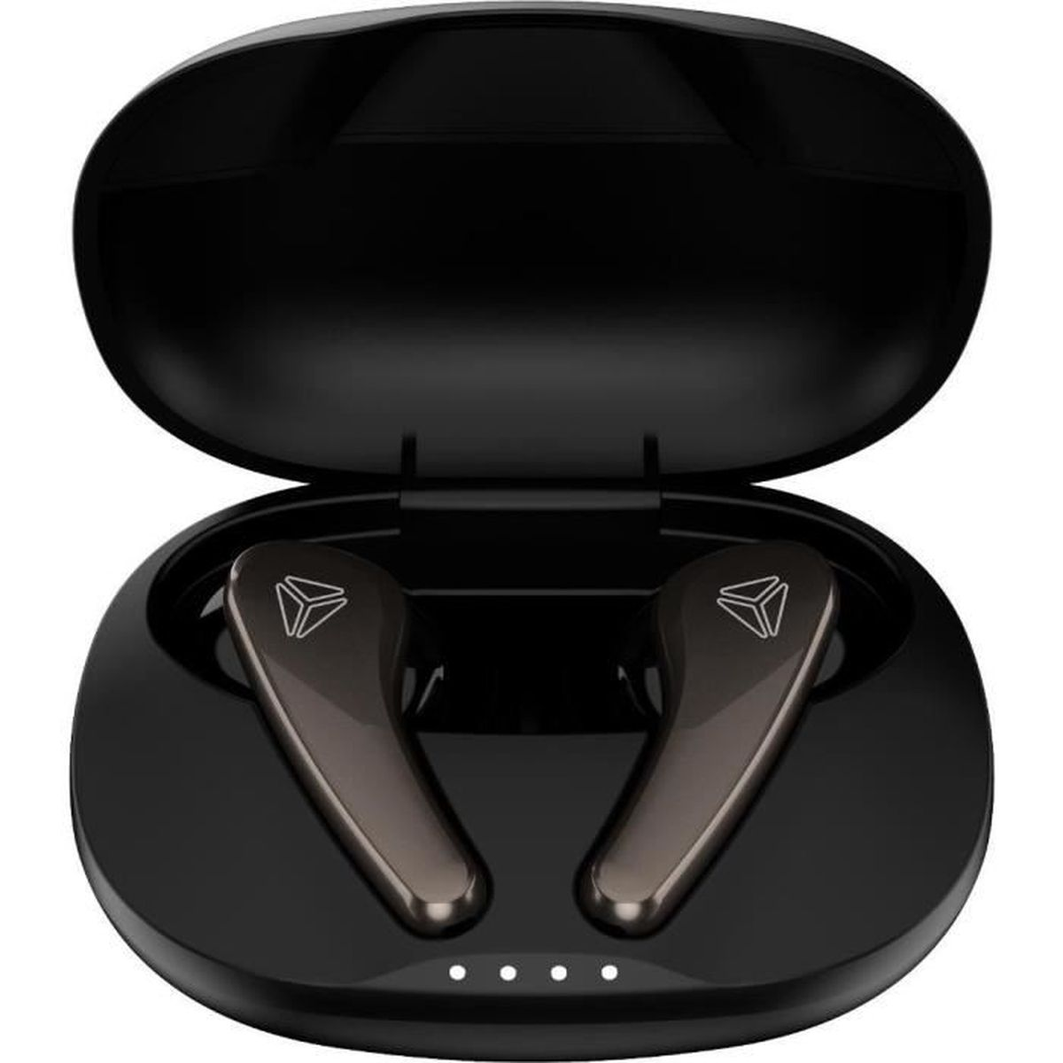Auricolari wireless in una custodia di ricarica nera con coperchio aperto.