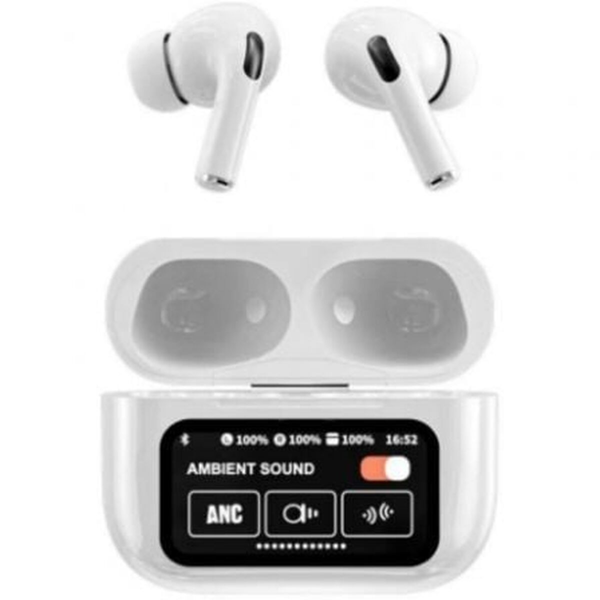 Due auricolari wireless bianchi sopra una custodia di ricarica aperta con display.