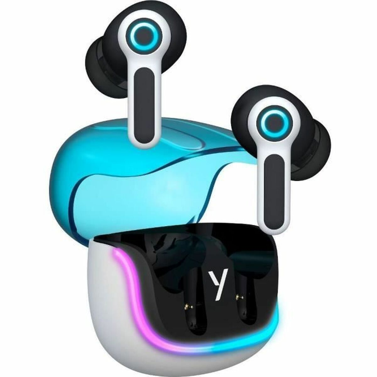 Kabellose Ohrhörer mit blauem Ladecase und LED-Lichtern.