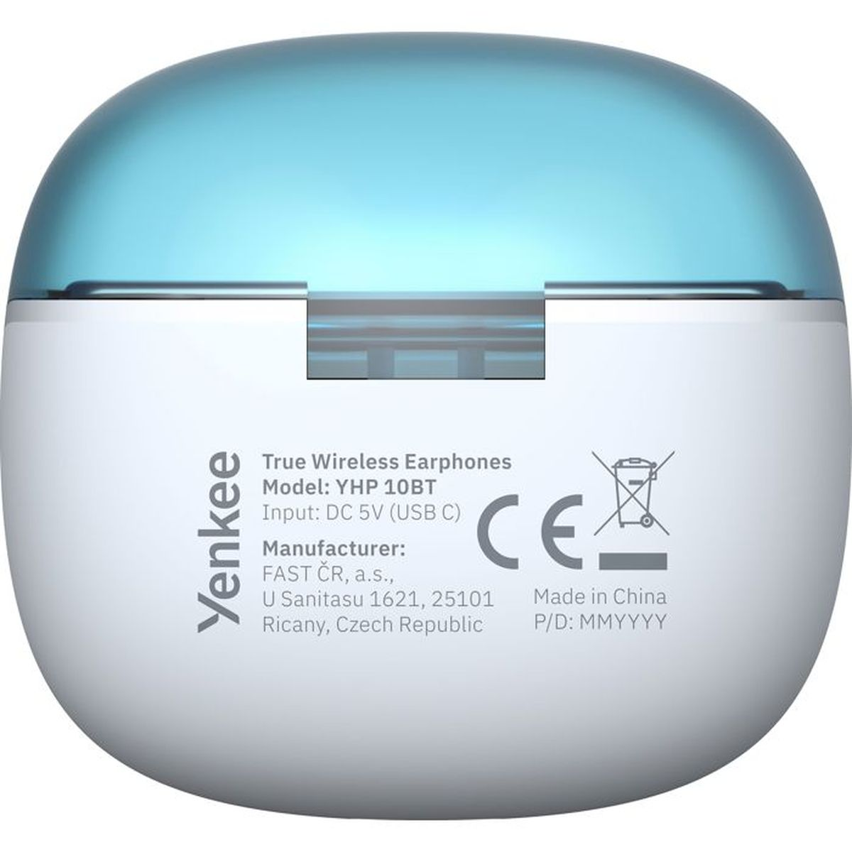 Weiße Ladehülle für Yenkee True Wireless Earphones YHP 10BT mit blauem Deckel.