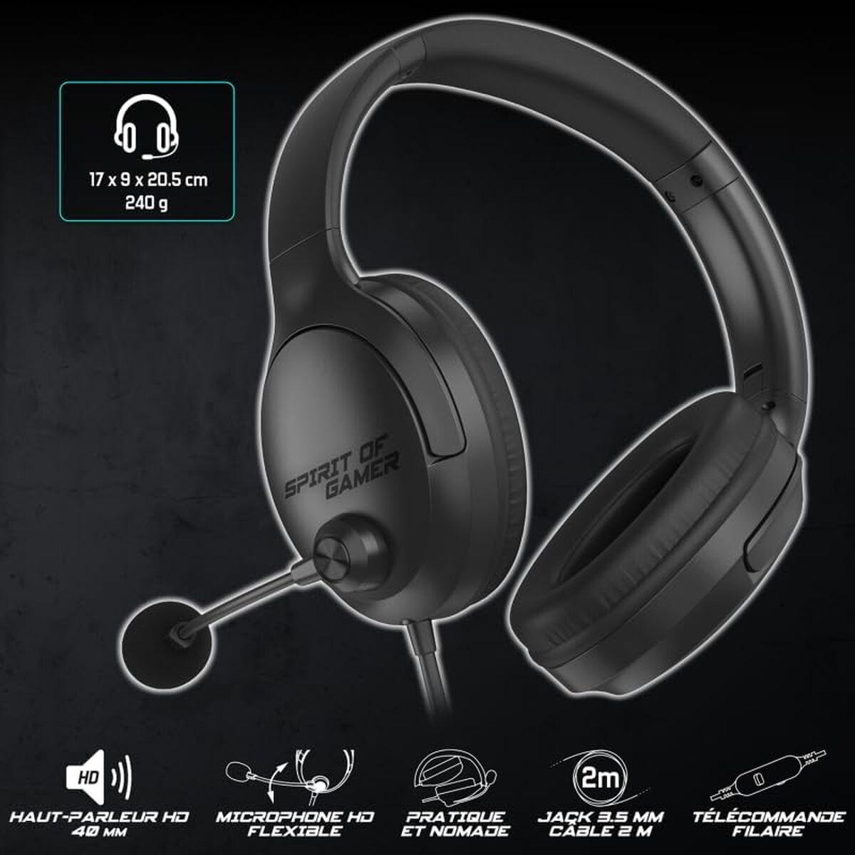 Cuffie da gaming nere con microfono e cavo.
