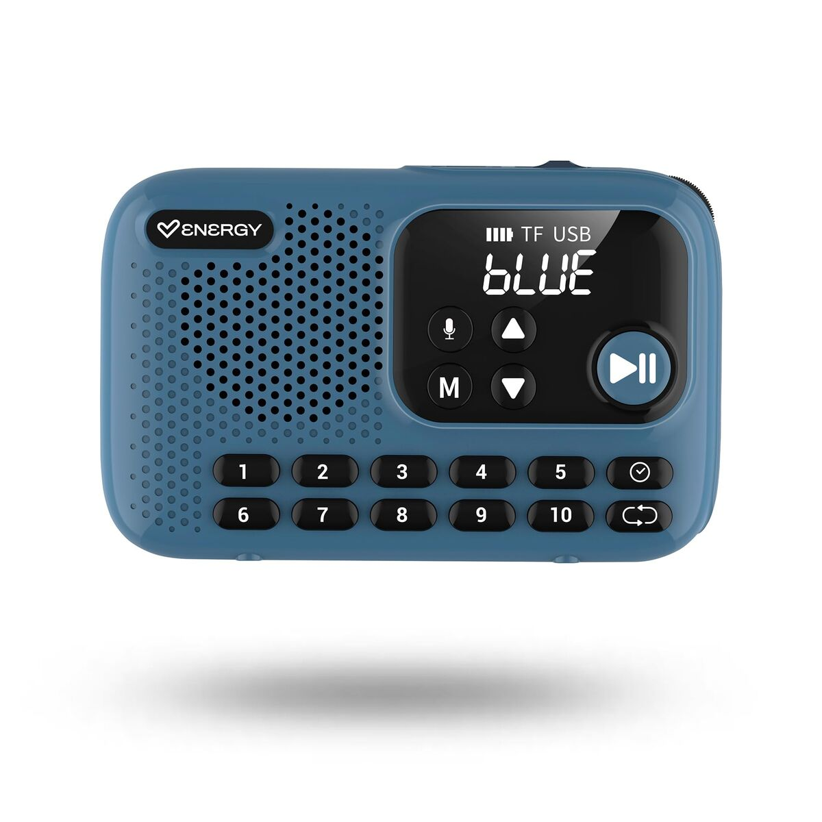 Una radio azul con botones y una pantalla digital que