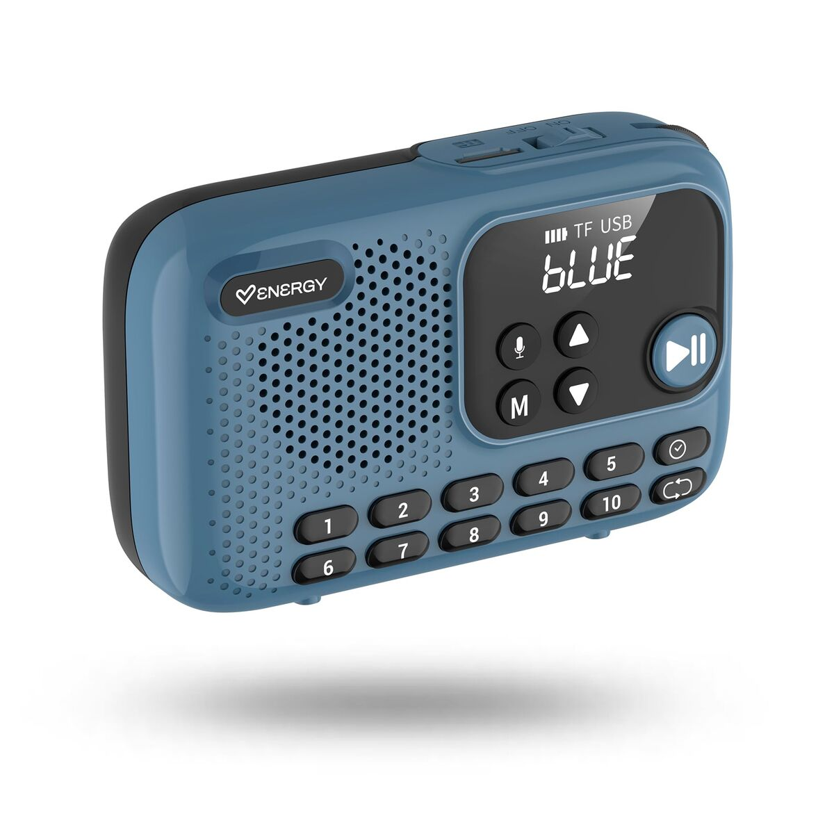 Un altavoz portátil azul con botones y una pantalla.