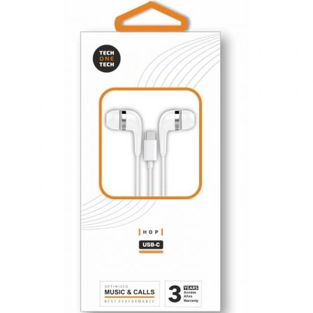 Weiße USB-C-Kopfhörer mit Mikrofon, "Tech One Tech" Logo, 3 Jahre Garantie.