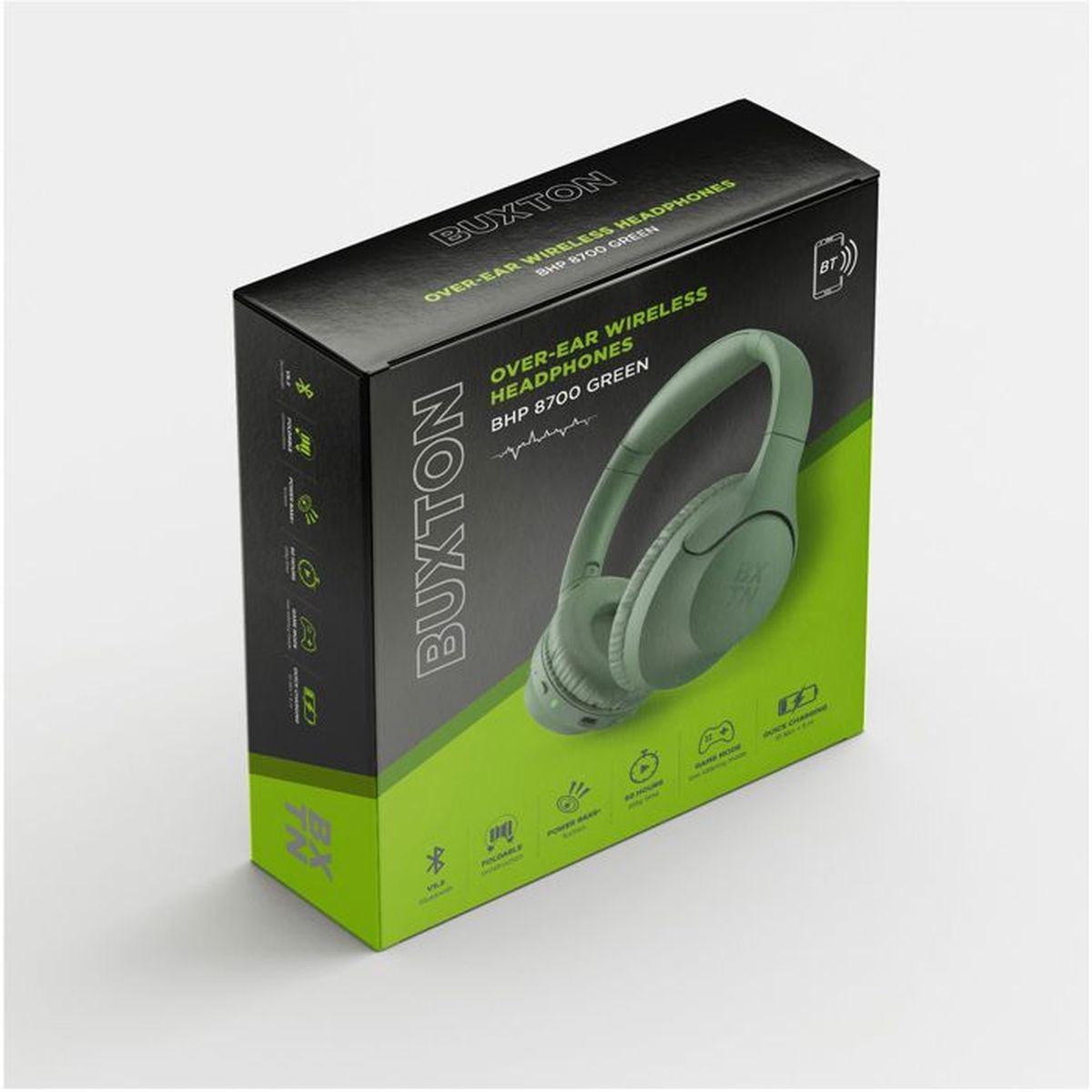 Cuffie verdi Buxton over-ear, modello BHP 8700, su confezione nera.