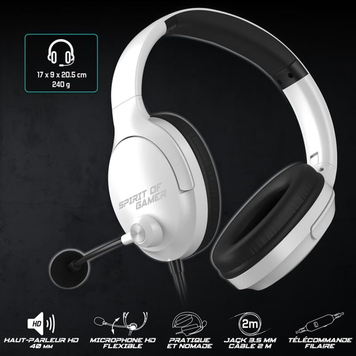 Weiße Gaming-Kopfhörer mit Mikrofon, 40-mm-Treiber, 2-m-Kabel.