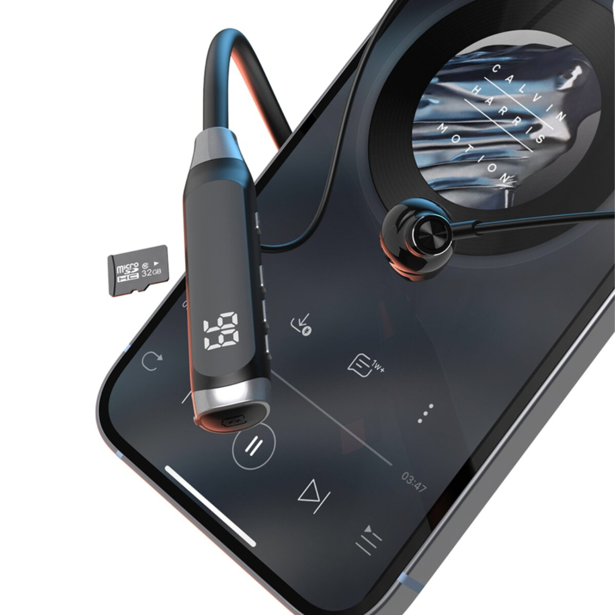 Uno smartphone con auricolari, una scheda microSD e un'interfaccia lettore musicale.
