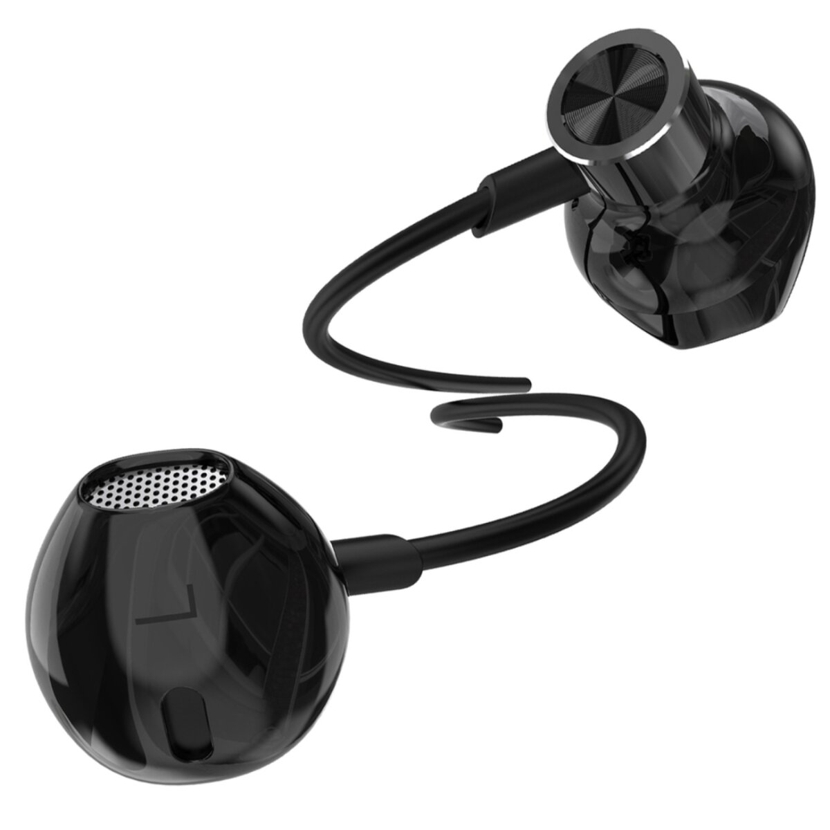 Auricolari neri con cavi curvi a forma di S.
