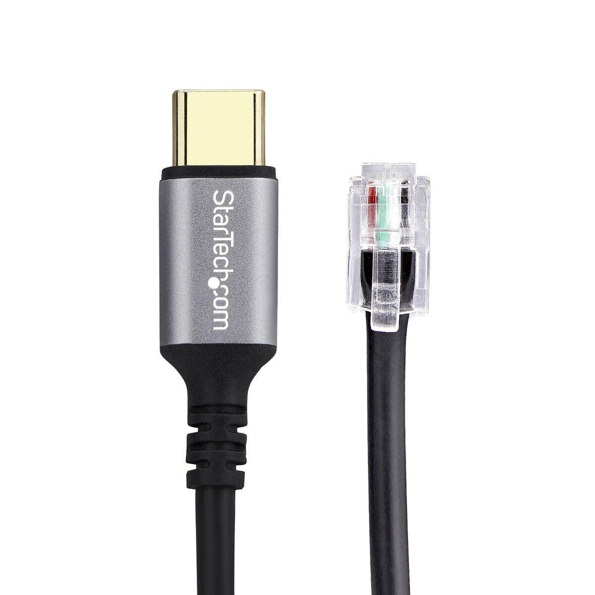Ein USB-C-Stecker daneben ein RJ11-Stecker, weißer Hintergrund.